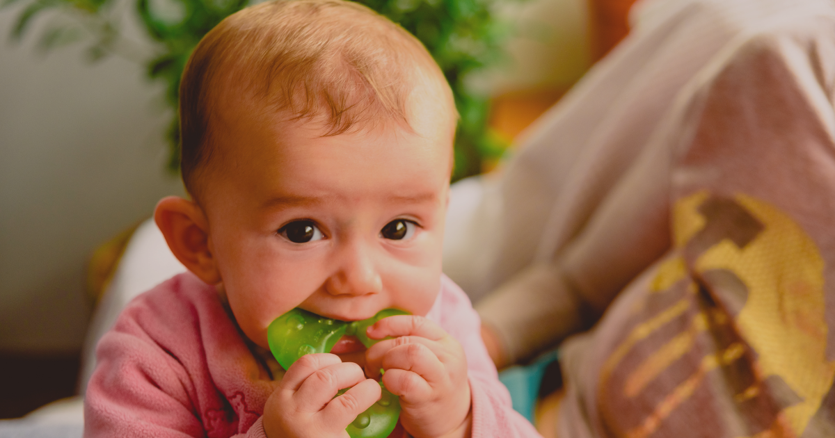 bébé mange anneau de dentition pour soulager sa poussée dentaire